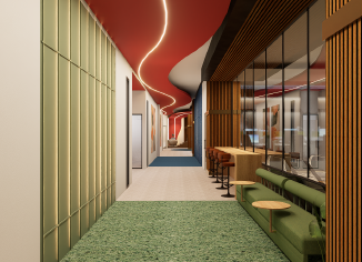 Corridor, flexi chair, desks, sofa in coworking space